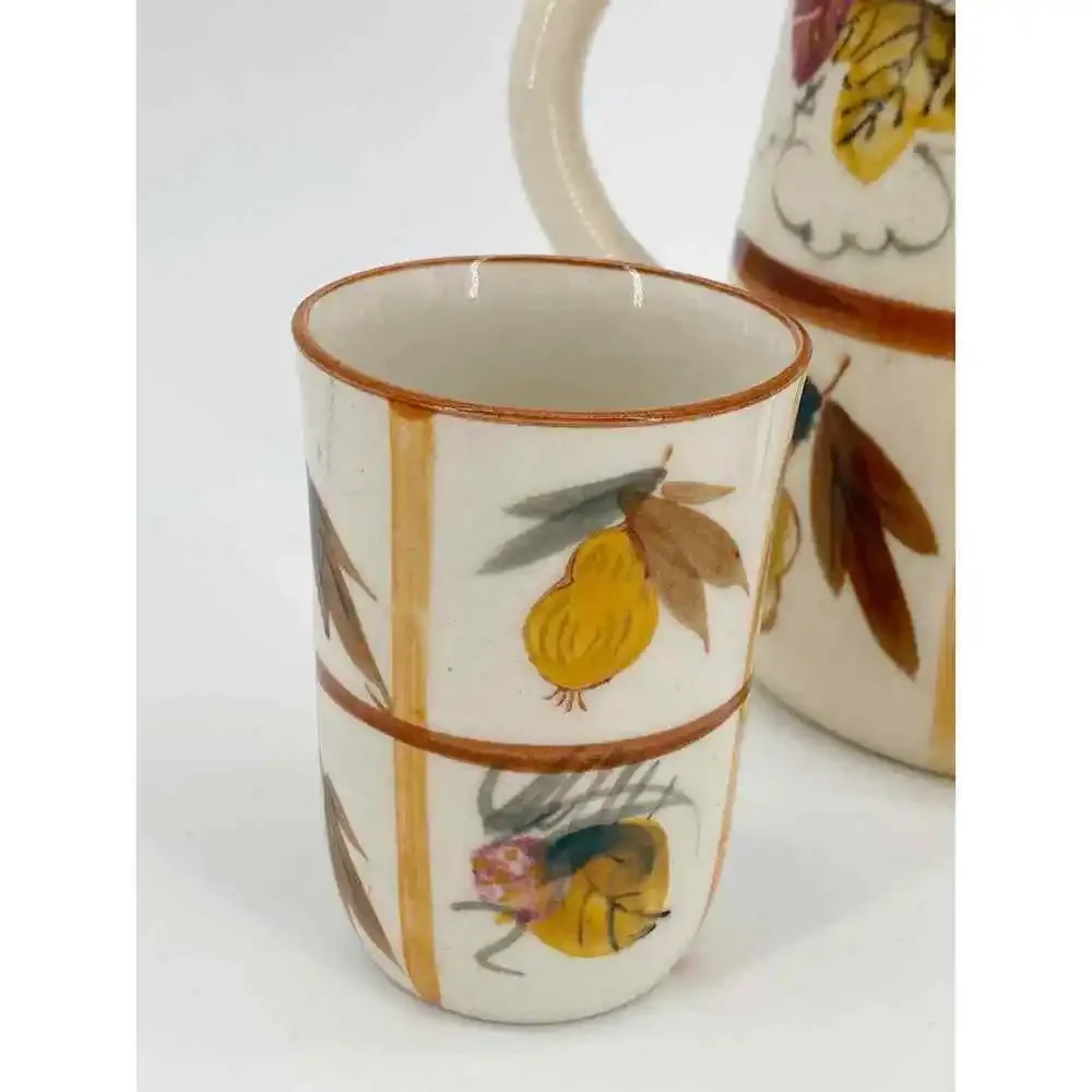 Vintage Japan Autumn Pitcher Two Tumblers Jug Ceramic Acorn Pear Leaf Strawberry - Picture 2 of 6
